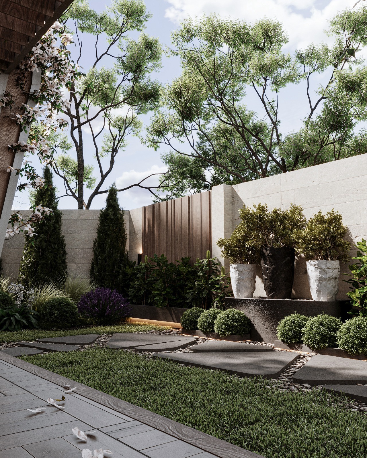 Garden overview at dusk